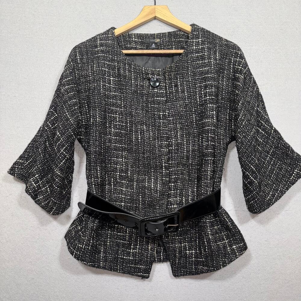 East 5th Belted Crop Jacket Tweedy Fluted 3/4 Sleeves Medium Y2K Rocker Academia